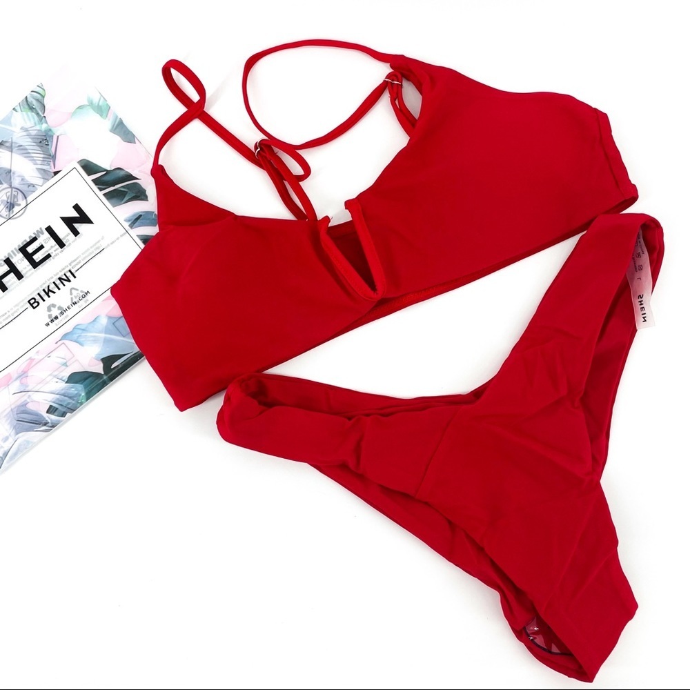 Shein Simple Red V-Wire Front Bikini Swimsuit👙L NIP - Picture 5 of 7